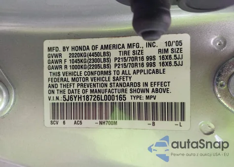 2006 Honda Element Ex-P из США, поврежденный, VIN 5J6YH18726L000165